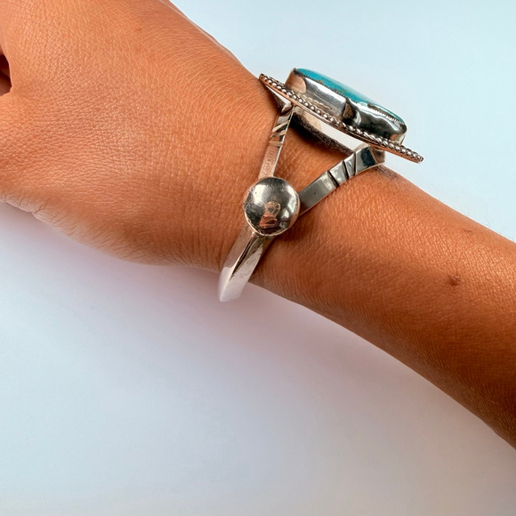 Old Pawn Fred Harvey Southwest 35 CT Turquoise Sterling Silver Cuff Bracelet - Picture 11 of 12